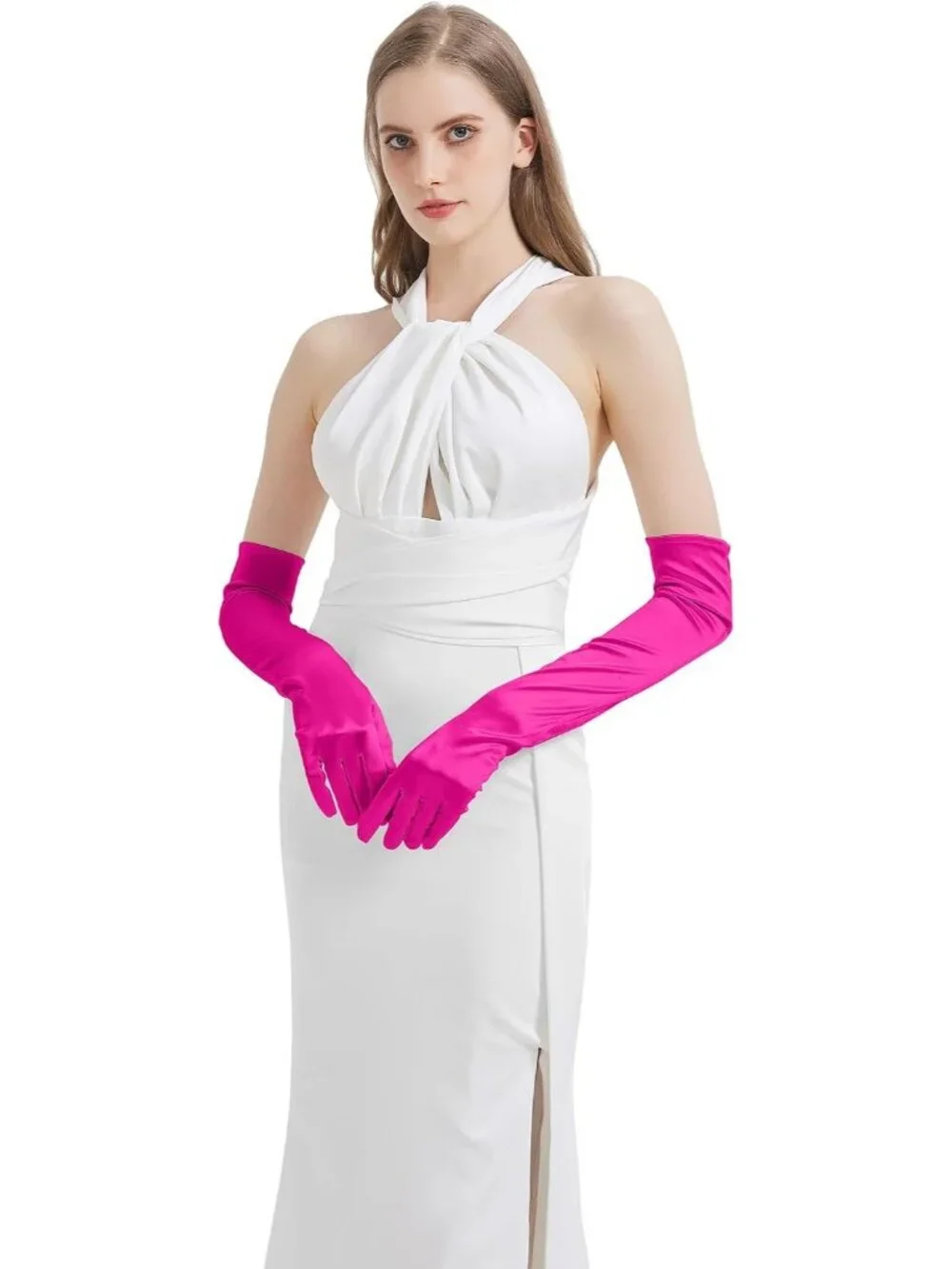 Women's Hot Pink Satin Opera Elbow Length 1920s Flapper Long Gloves Party